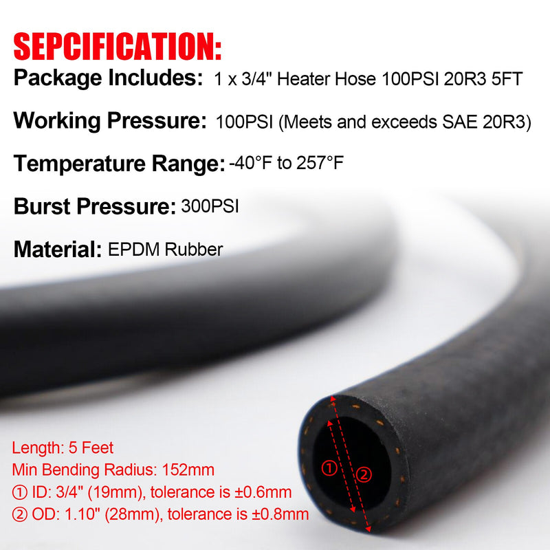 DURAFORCE 3/4"Heater Hose Coolant Radiator Straight 100PSI SAE 20R3 Standard 5FT-HOT!