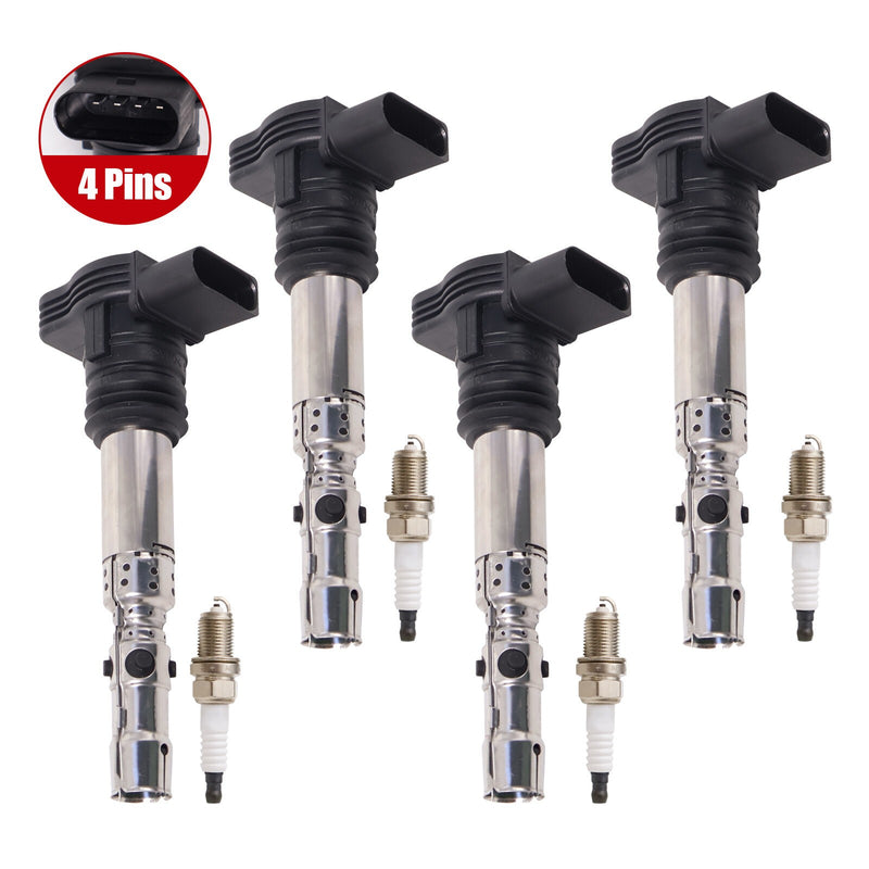 DURAFORCE 4Pcs Ignition Coils & Spark Plugs For Audi TT A3 VW Golf Seat Ibiza 06A905115A
