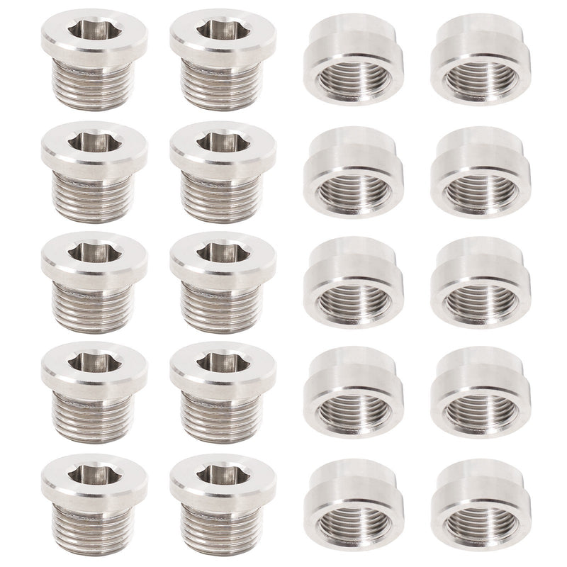 DURAFORCE 10 Set Oxygen Sensor Weld On Stainless Steel Bung + Hex Plug Cap Kit M18x1.5