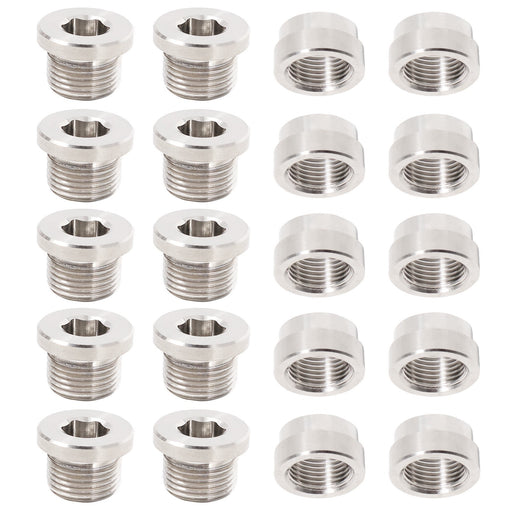 DURAFORCE 10 Set Oxygen Sensor Weld On Stainless Steel Bung + Hex Plug Cap Kit M18x1.5