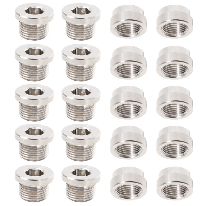 DURAFORCE 10 Set Oxygen Sensor Weld On Stainless Steel Bung + Hex Plug Cap Kit M18x1.5