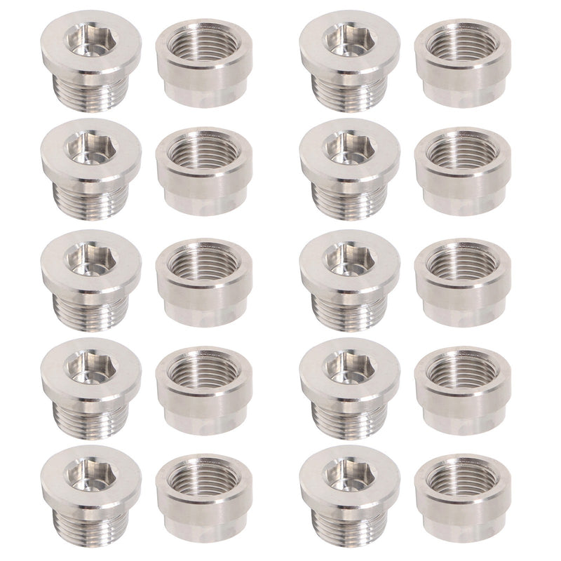 DURAFORCE 10 Set Oxygen Sensor Weld On Stainless Steel Bung + Hex Plug Cap Kit M18x1.5