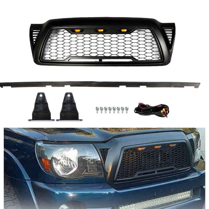DURAFORCE Front Bumper Grille Matte Black Mesh For Toyota Tacoma 2005-2011 Grille W/3 LED
