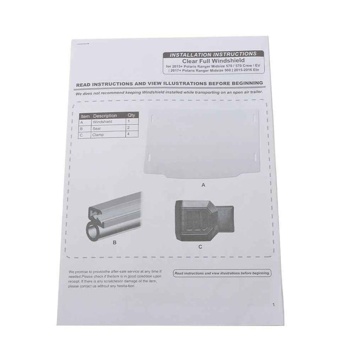 DURAFORCE Full Windshield Fit For 2015 2016 2017 2018-21 Polaris Ranger 570 4x4