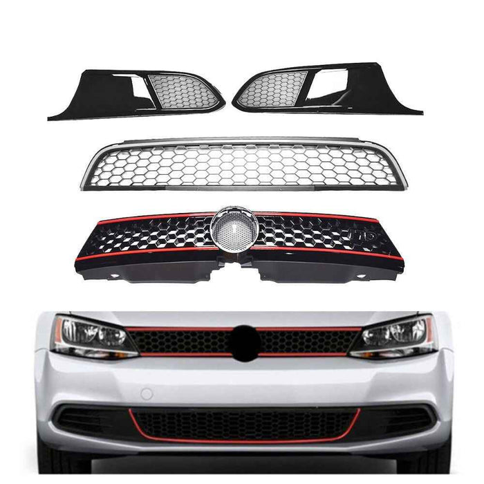 DURAFORCE Front Bumper Upper＆Lower Grille Kit W/Bezels Trim Grill For VW Jetta 2011-2014