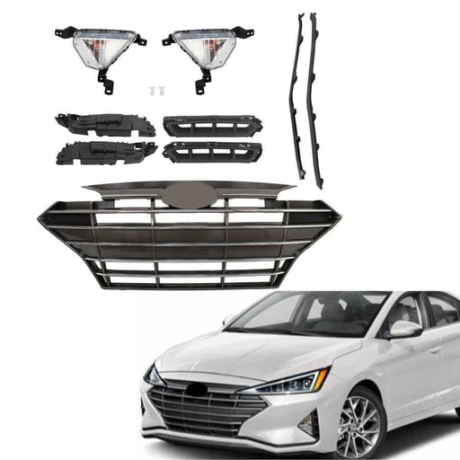 DURAFORCE Chrome Black Grill Complete For Hyundai Elantra 2019-20 Front Grille Fog Lights