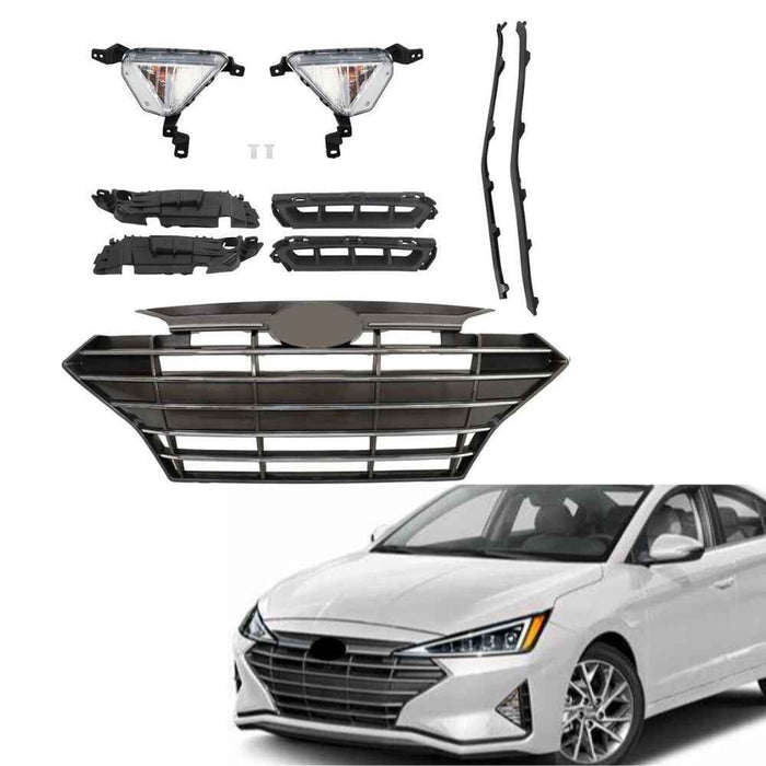 DURAFORCE Chrome Black Grill Complete For Hyundai Elantra 2019-20 Front Grille Fog Lights