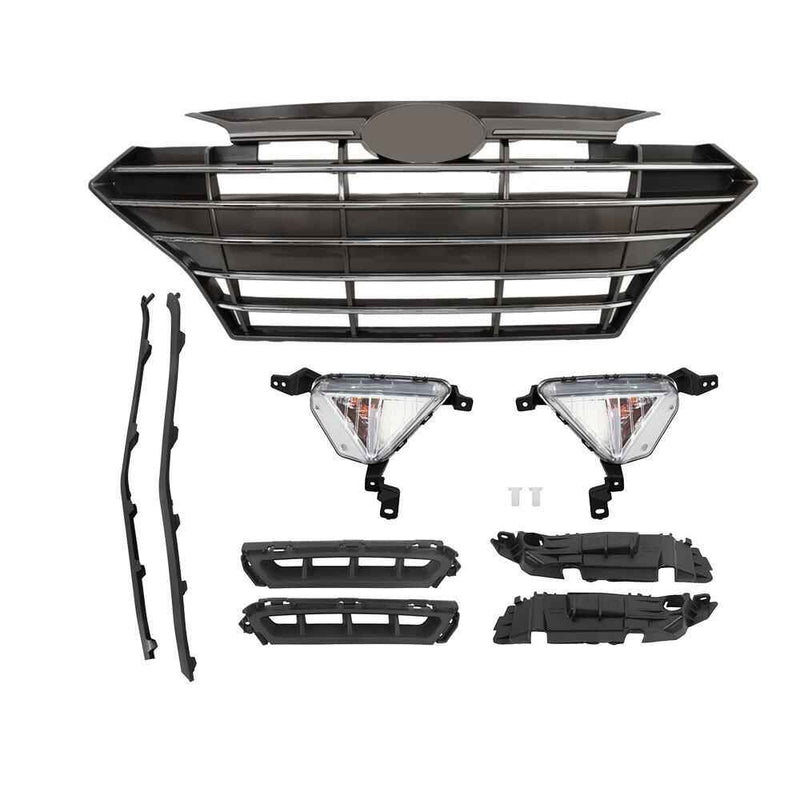DURAFORCE Chrome Black Grill Complete For Hyundai Elantra 2019-20 Front Grille Fog Lights