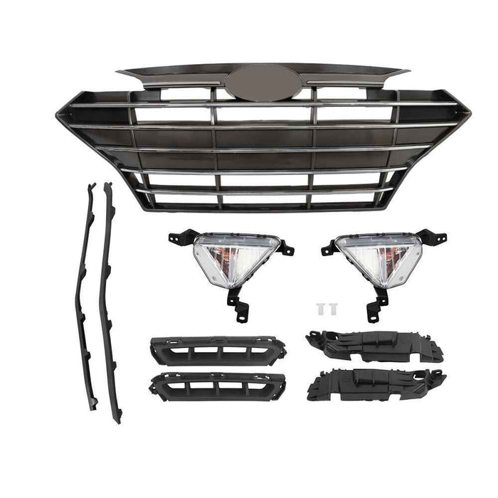 DURAFORCE Chrome Black Grill Complete For Hyundai Elantra 2019-20 Front Grille Fog Lights