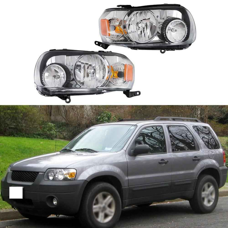 DURAFORCE Left+Right [Halogen Type] Headlights Headlamps For 2005-2007 Ford Escape Chrome