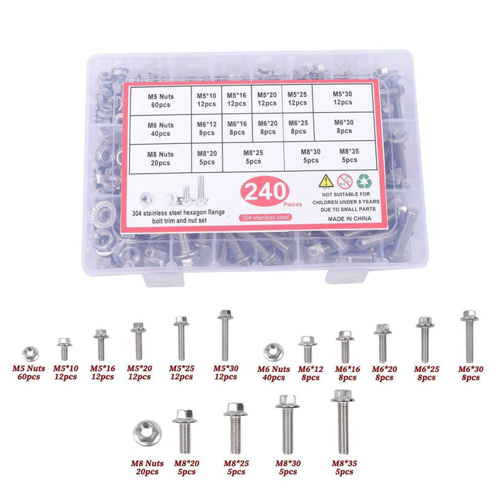 DURAFORCE M5 M6 M8 Nuts and Flanged Bolts Kit 240 PCS 304 Stainless Metric Assortment