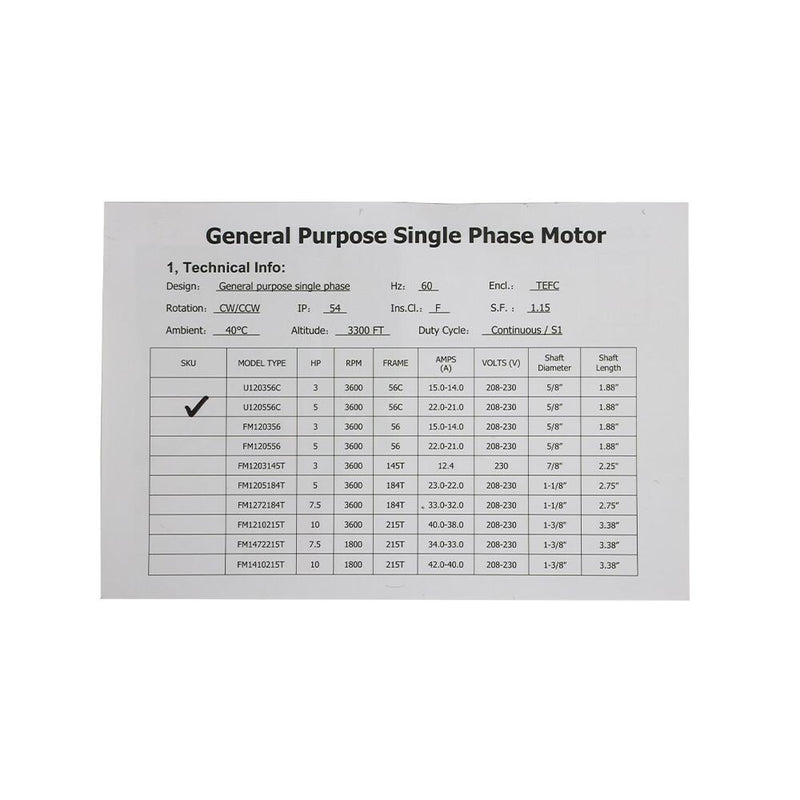 DURAFORCE 5HP General Purpose Motor 3450RPM Single Phase 208-230V 5/8"Shaft 56C Frame New