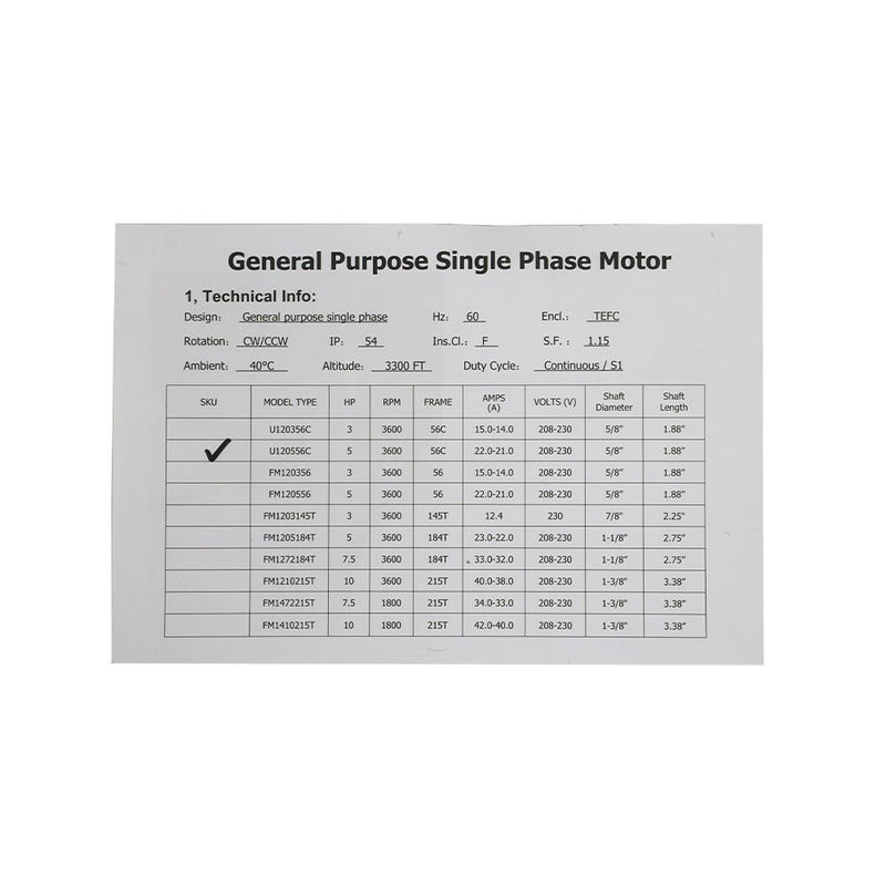 DURAFORCE 5HP General Purpose Motor 3450 RPM Single Phase 208-230V 5/8"Shaft 56C Frame