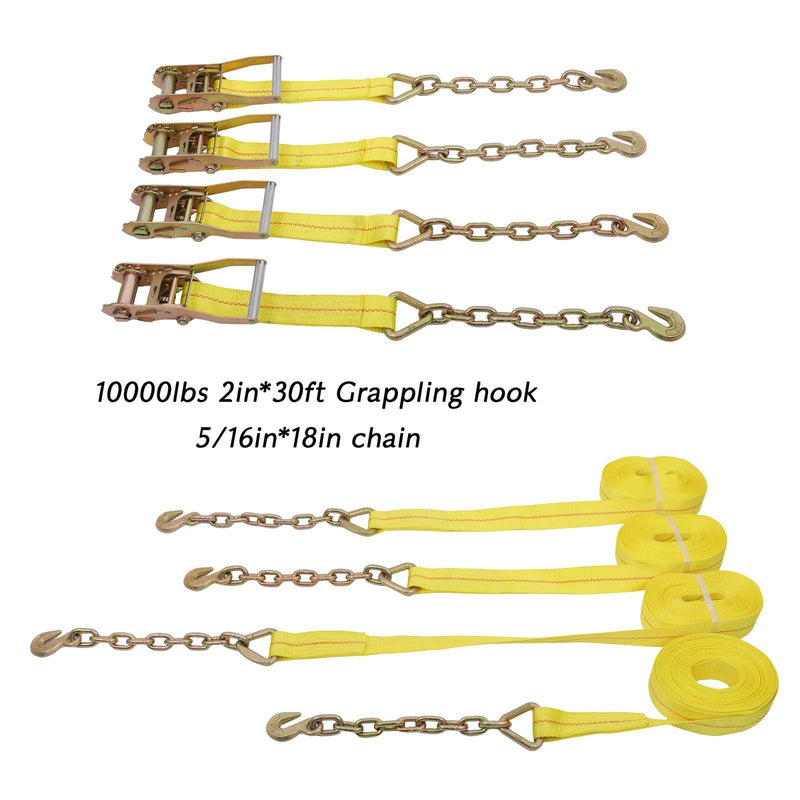 DURAFORCE 4-Pack 2 Inch x 30 Ft Chain Ratchet Straps 10000lbs with Chains & Grab Hooks