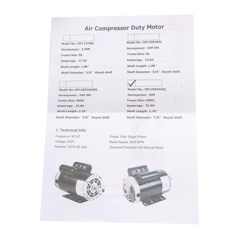 DURAFORCE 5 HP 1Phase Compressor Duty Electric Motor 230V 3450 RPM 56HZ143T 7/8'' Shaft