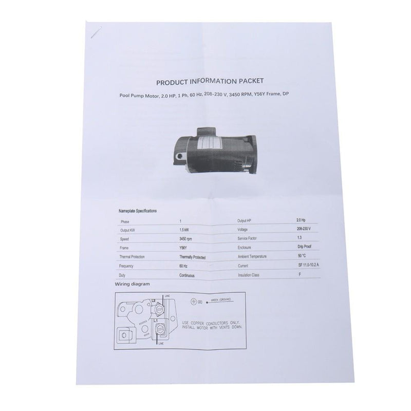 DURAFORCE B843 B2843 Square Flange 2HP 3450RPM Single Speed Pool Pump Motor Y56Y Frame