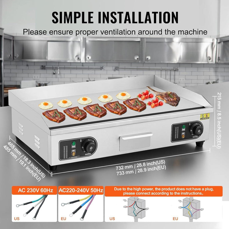 DURAFORCE 30" Flat Top Electric Grill 3000W Commercial Griddle Stainless Steel Countertop