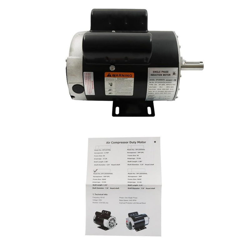 DURAFORCE 5 HP SPL 1 Phase 3450RPM Electric Air Compressor Duty Motor 56HZ 7/8" Shaft New