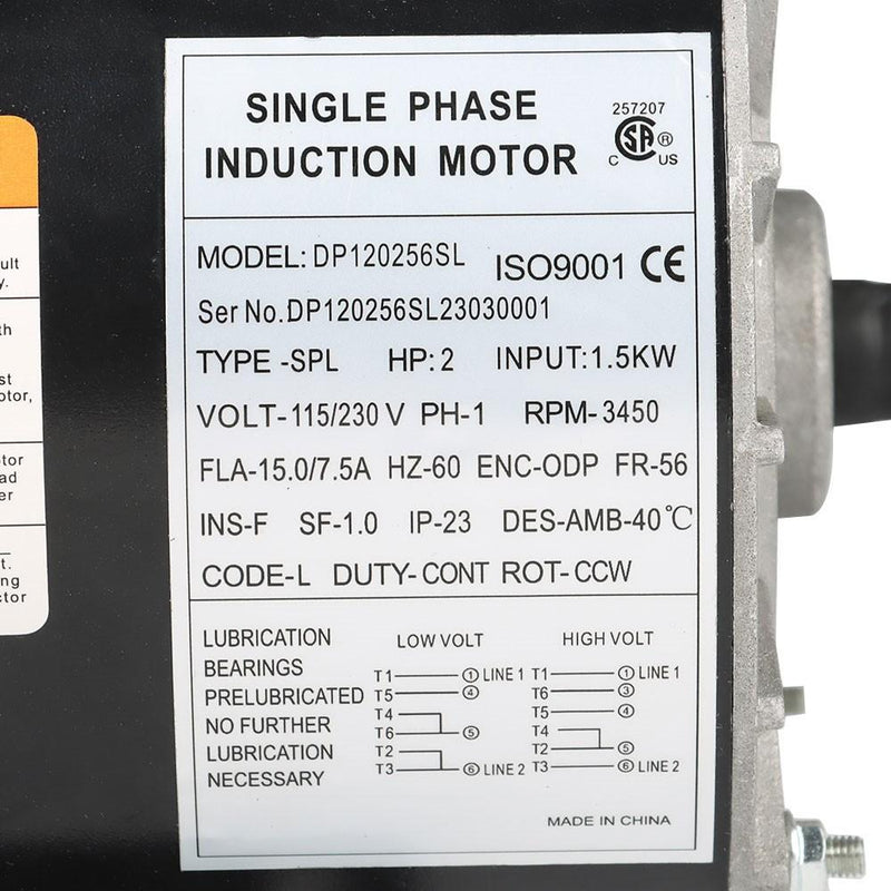 DURAFORCE 2HP SPL Compressor Duty Electric Motor 3450RPM 56 Frame 120/240V