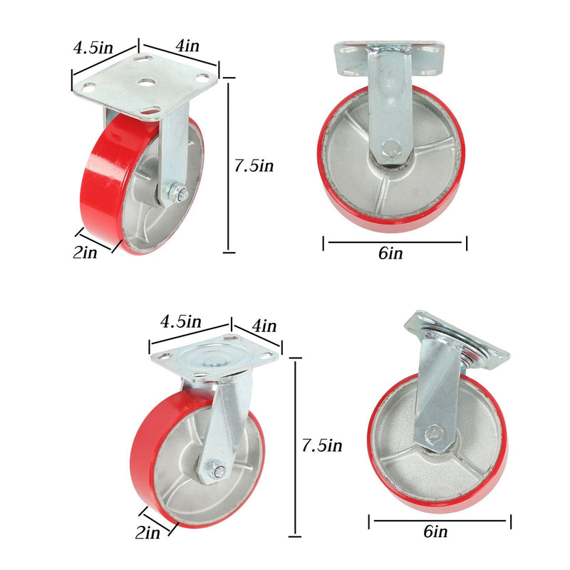 DURAFORCE 4 Pack 6" × 2" Swivel Caster Wheels 4800Lbs Polyurethane (2 Swivel & 2 Rigid)