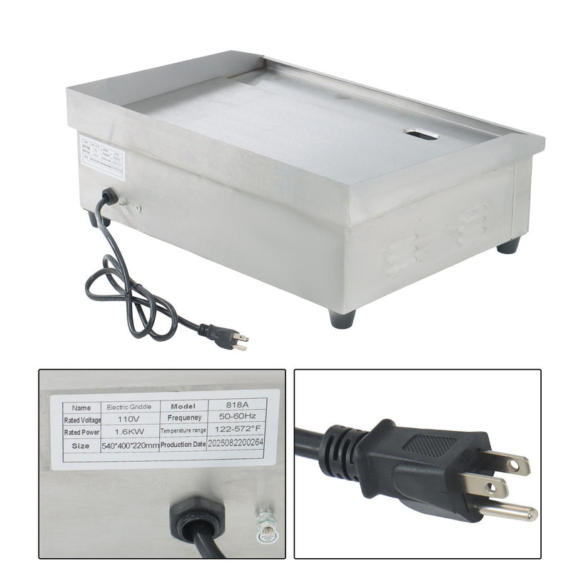 DURAFORCE 22" Flat Top Electric Grill 1600W Commercial Griddle Stainless Steel Countertop