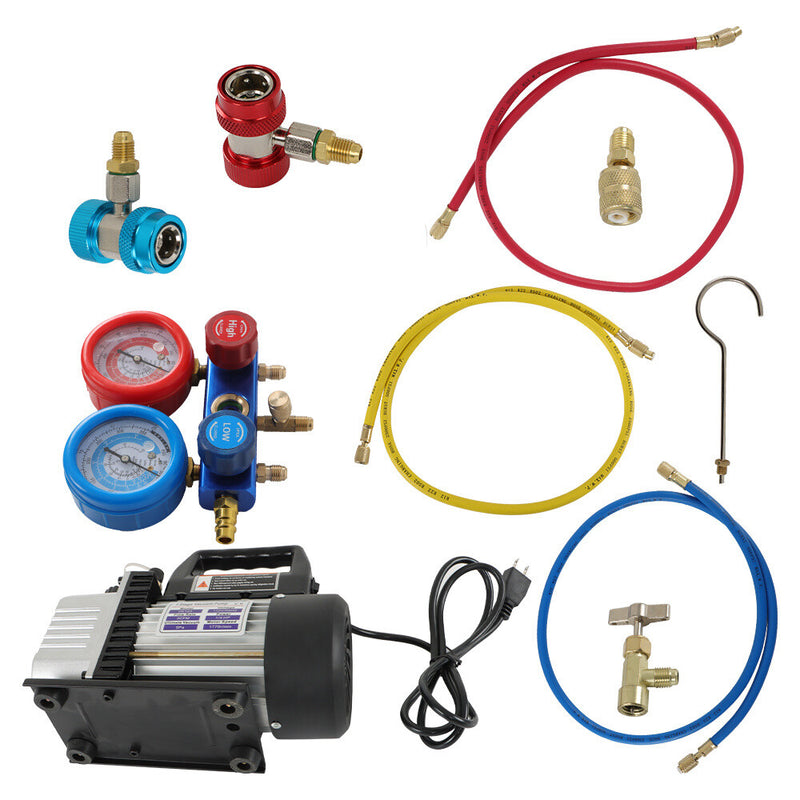 DURAFORCE AC Manifold Gauge set Combo 3 CFM Air Vacuum Pump HVAC+R134A Kit AC A/C