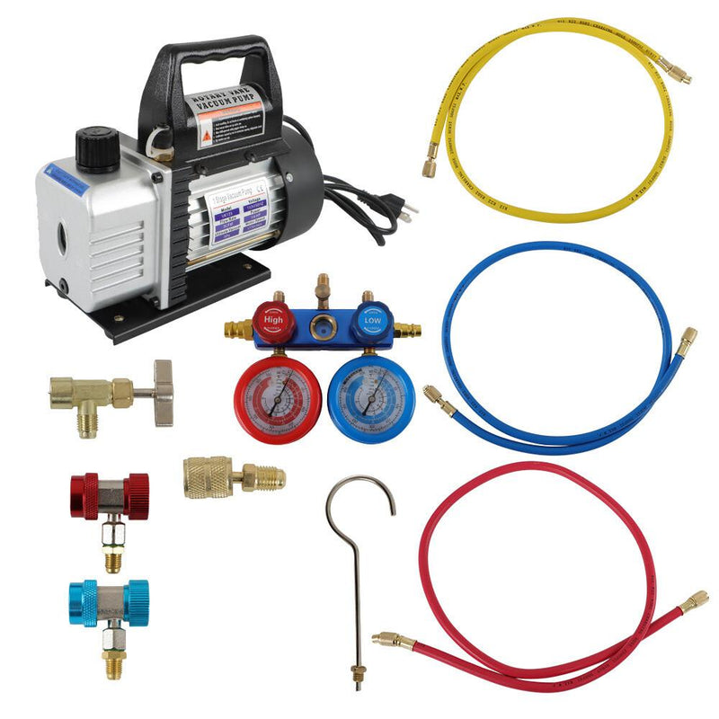 DURAFORCE AC Manifold Gauge set Combo 3 CFM Air Vacuum Pump HVAC+R134A Kit AC A/C