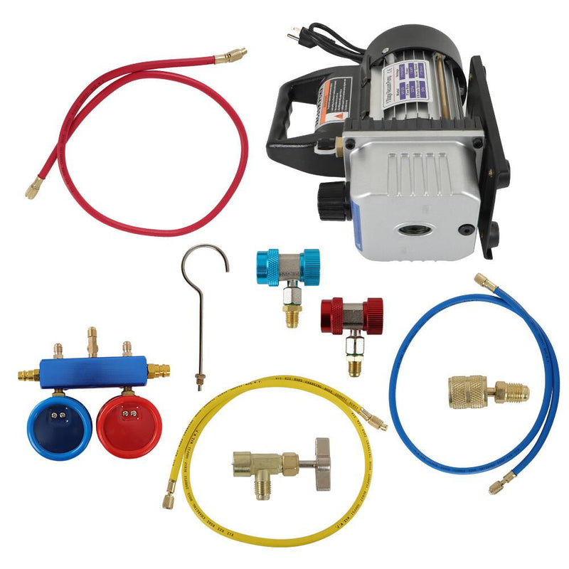 DURAFORCE AC Manifold Gauge set Combo 3 CFM Air Vacuum Pump HVAC+R134A Kit AC A/C