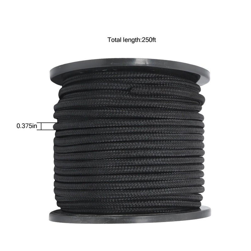 DURAFORCE 3/8 Inch Nylon Rope 250 Foot Spool 100% Nylon Solid Braid Rope Dyeable Black