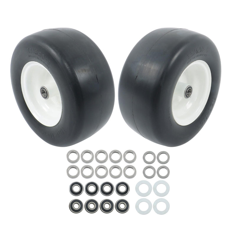 DURAFORCE 2Pcs 13x6.50-6 Flat Free Tire & Wheel Solid Smooth PU White Rim Lawn Mower Tires