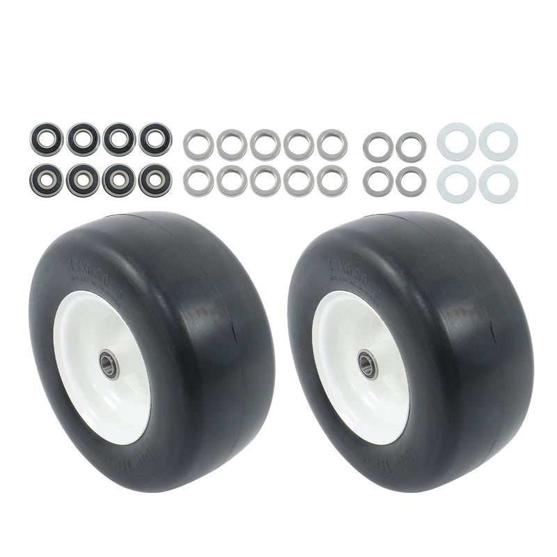 DURAFORCE 2PCS 13x6.50-6 Lawn Mower Tires Flat Free Tire & Wheel Solid Smooth PU White Rim
