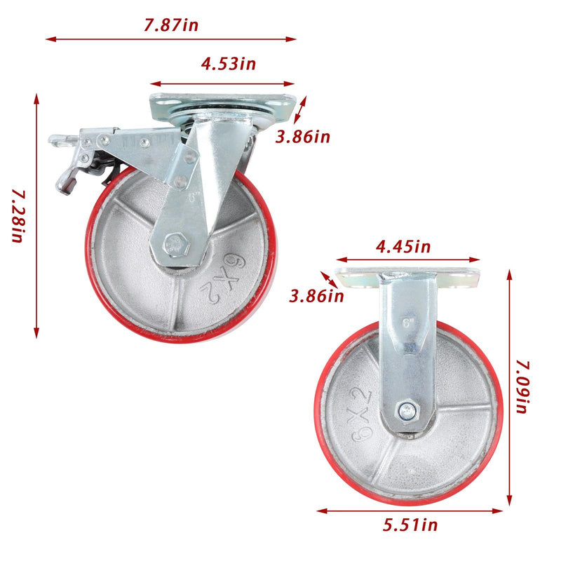 DURAFORCE 4 Pcs 6" × 2" Swivel Caster Wheels Industrial Casters (2 With Brakes, 2 Without)