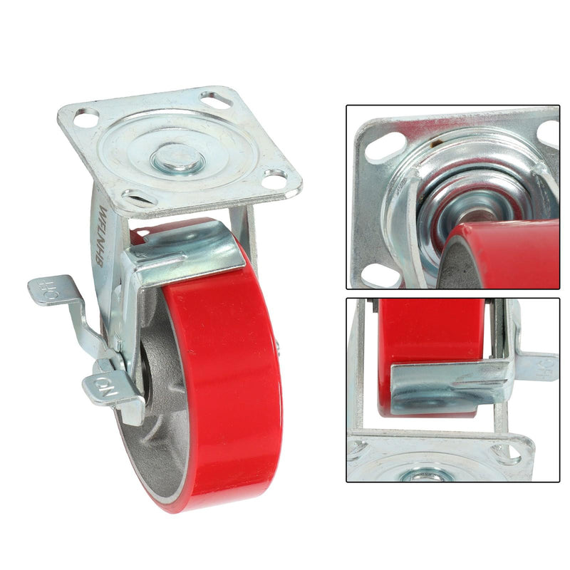 DURAFORCE 4 Pack 6" × 2" Heavy Duty Polyurethane Swivel Caster Wheels With Side Brakes