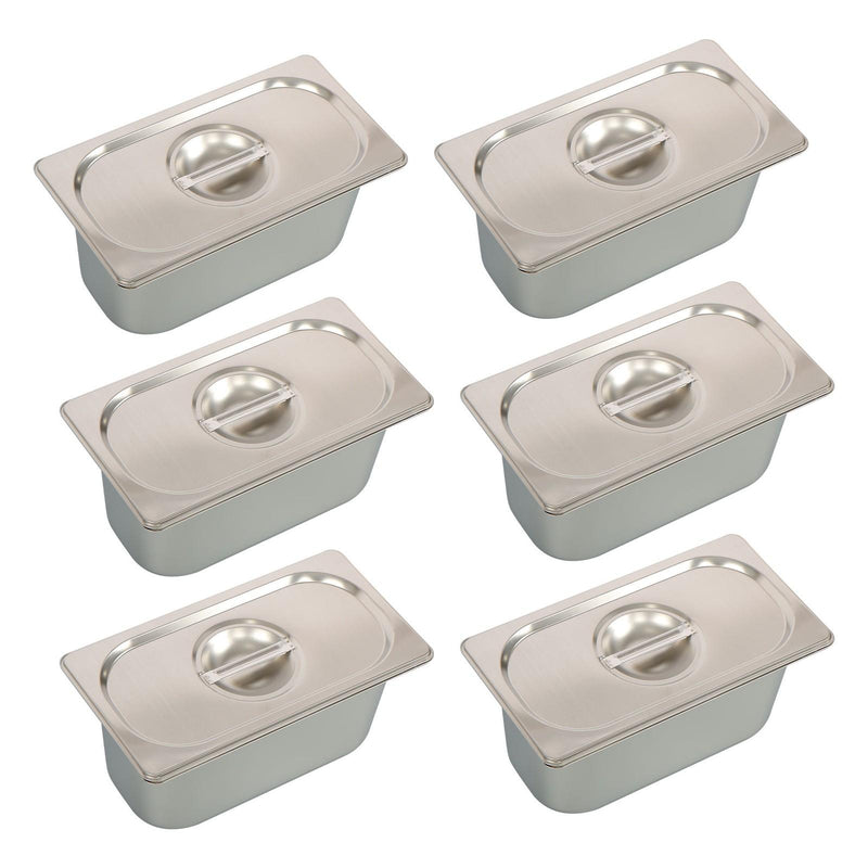 DURAFORCE Commercial Stainless Steel Hotel Pan Set 1/3 Size, 6" Deep with Lids, 6-Pack