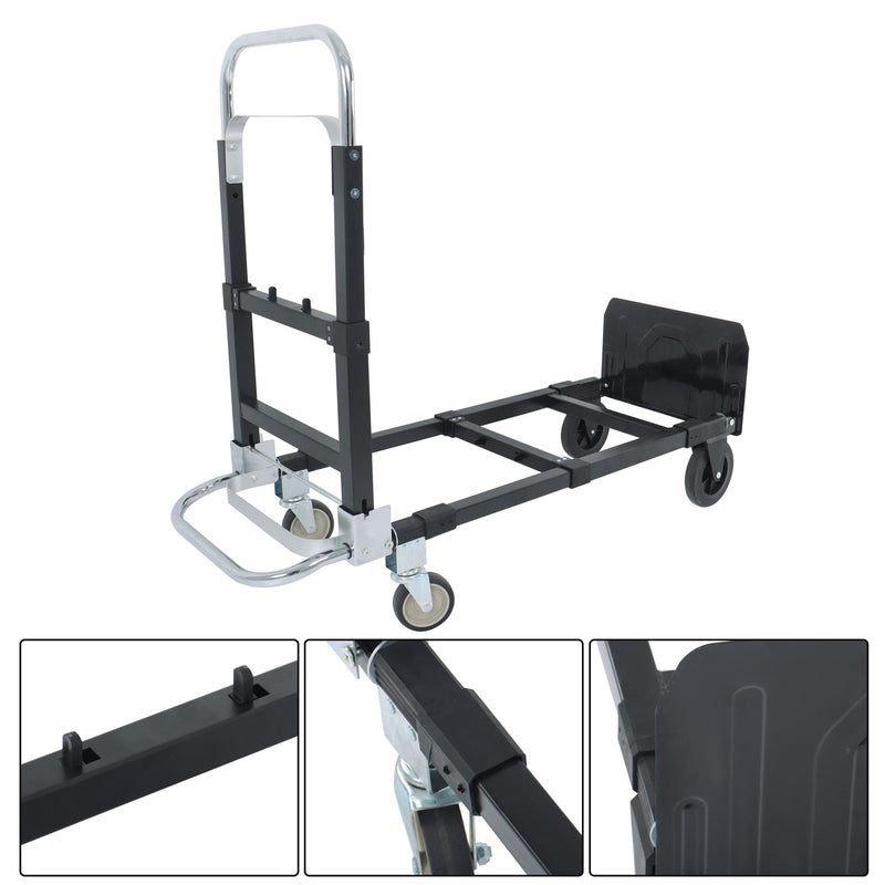 DURAFORCE Carbon Steel 3 in 1 Hand Truck Dolly W/ Rubber Brake-Wheels and 2 Elastic Ropes