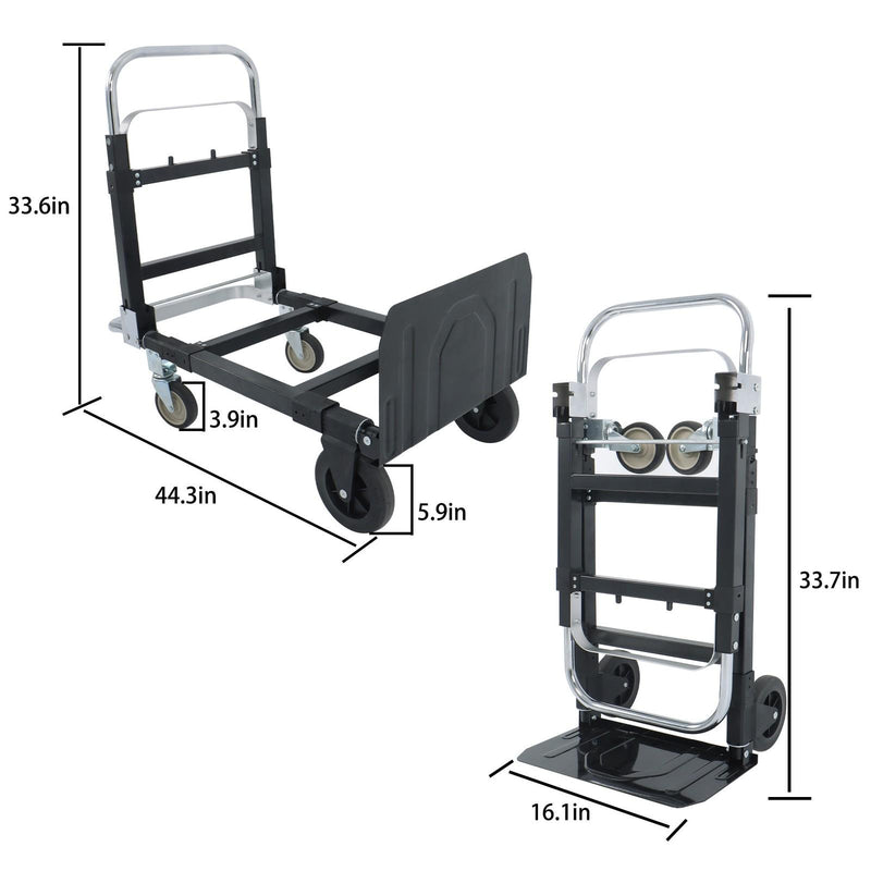 DURAFORCE Carbon Steel 3 in 1 Hand Truck Dolly W/ Rubber Brake-Wheels and 2 Elastic Ropes