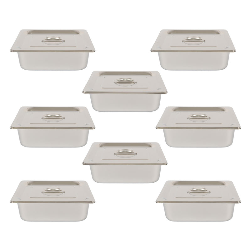 DURAFORCE Durable 1/2 Size Catering Pans Set, 8 Pack 4" Deep, Stainless with Covers