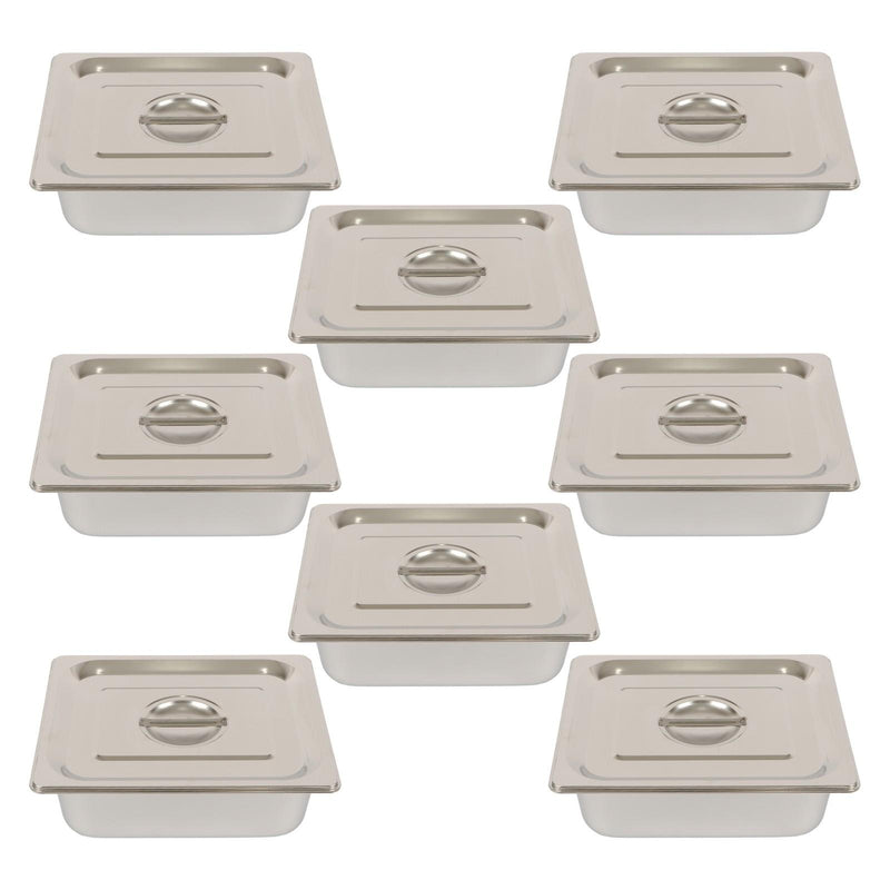 DURAFORCE Durable 1/2 Size Catering Pans Set, 8 Pack 4" Deep, Stainless with Covers