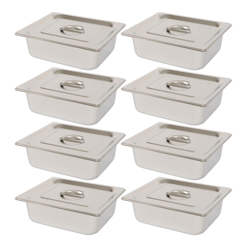 DURAFORCE Durable 1/2 Size Catering Pans Set, 8 Pack 4" Deep, Stainless with Covers