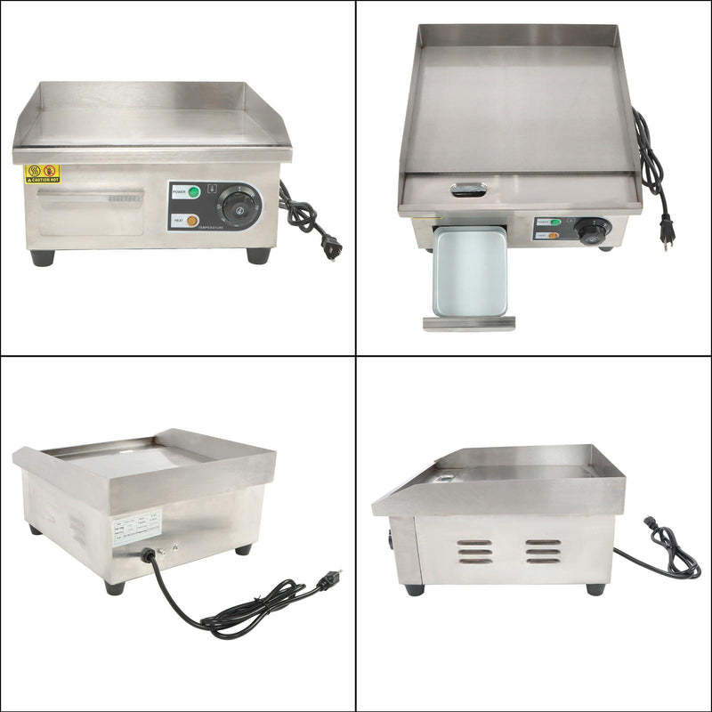 DURAFORCE Adjustable Temp Electric Griddle, 1500W, 14in Stainless Steel Flat Grill