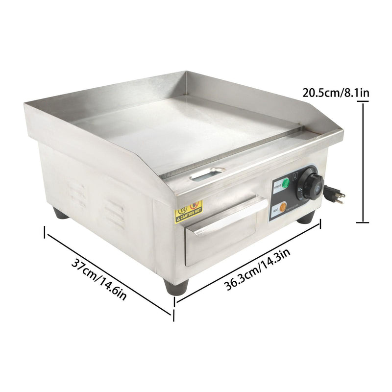 DURAFORCE Adjustable Temp Electric Griddle, 1500W, 14in Stainless Steel Flat Grill