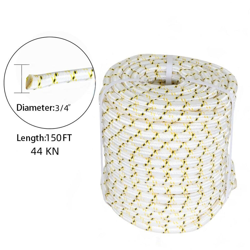 DURAFORCE 3/4" × 150' Arborist Tree Rope 24 Strand Braided Rope (White,Yellow,Black) 44KN