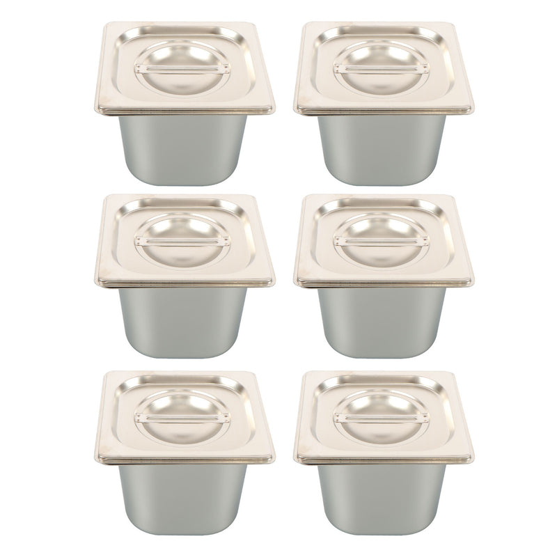 DURAFORCE 6 Pack Stainless Steam Hotel Pans 1/6 Size 6 Inch Deep With Lids
