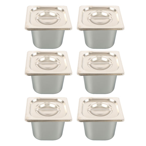 DURAFORCE 6 Pack Stainless Steam Hotel Pans 1/6 Size 6 Inch Deep With Lids