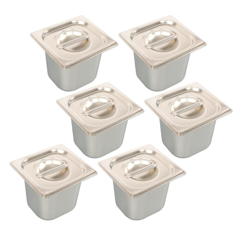 DURAFORCE 6 Pack Stainless Steam Hotel Pans 1/6 Size 6 Inch Deep With Lids