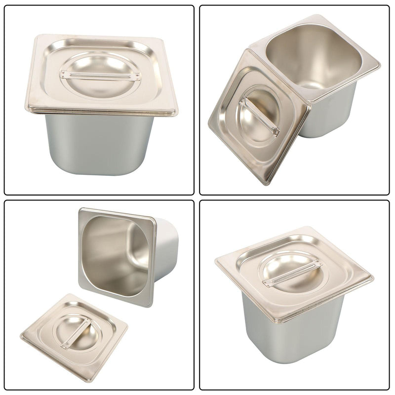 DURAFORCE 6 Pack Stainless Steam Hotel Pans 1/6 Size 6 Inch Deep With Lids