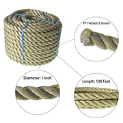 DURAFORCE PP 1"×100' Manila Rope 3 Strand Twisted Rope Arborist Bull Rope Rope