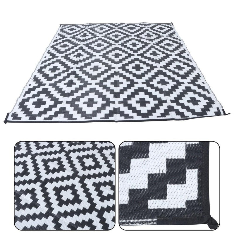 DURAFORCE 8x10ft Outdoor Plastic Straw Rug For Camping Outdoor Carpet RV Mat Black & White