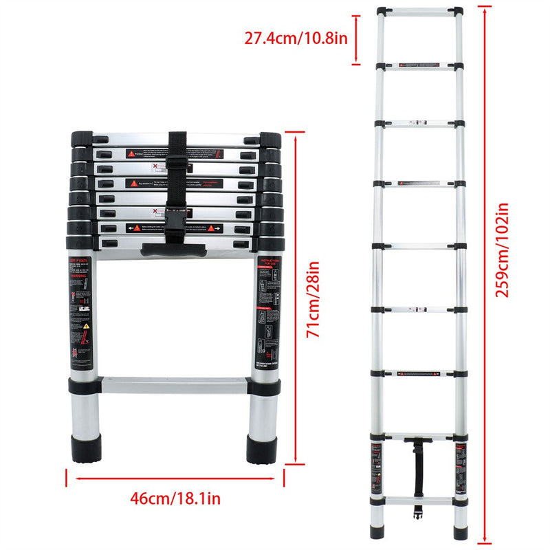 DURAFORCE 8.5ft 2.6M Aluminum Telescopic Ladder Heavy Duty Folding Extension Step Ladder