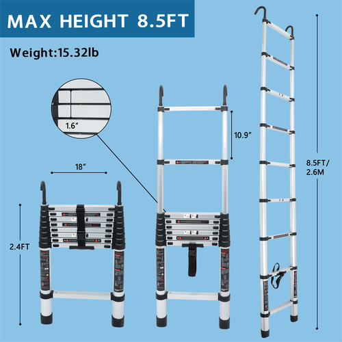 DURAFORCE Telescoping Ladder With Hooks & Non-Slip Feet 8.5 FT -Aluminum Telescopic Ladder
